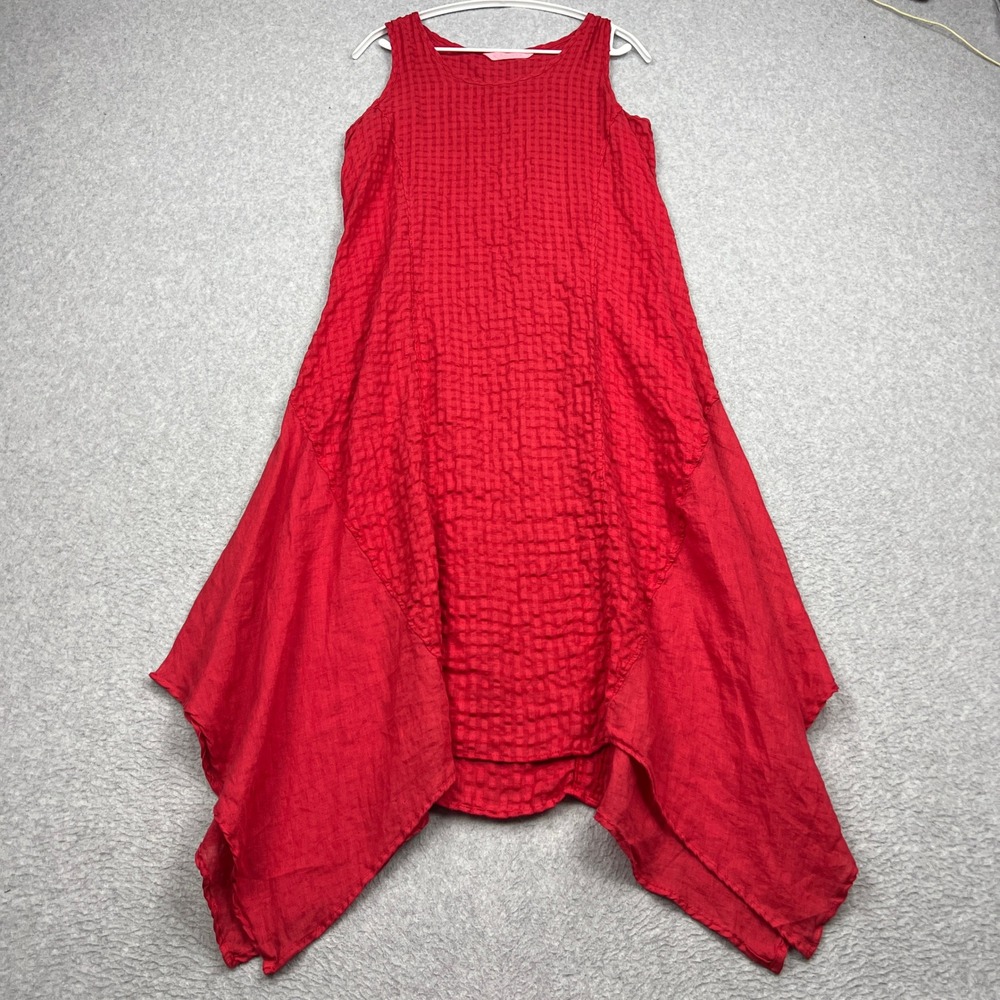 Luna Luz Dress Womens Small Red Linen Woven Textured Lagenlook Asym Hem USA Made